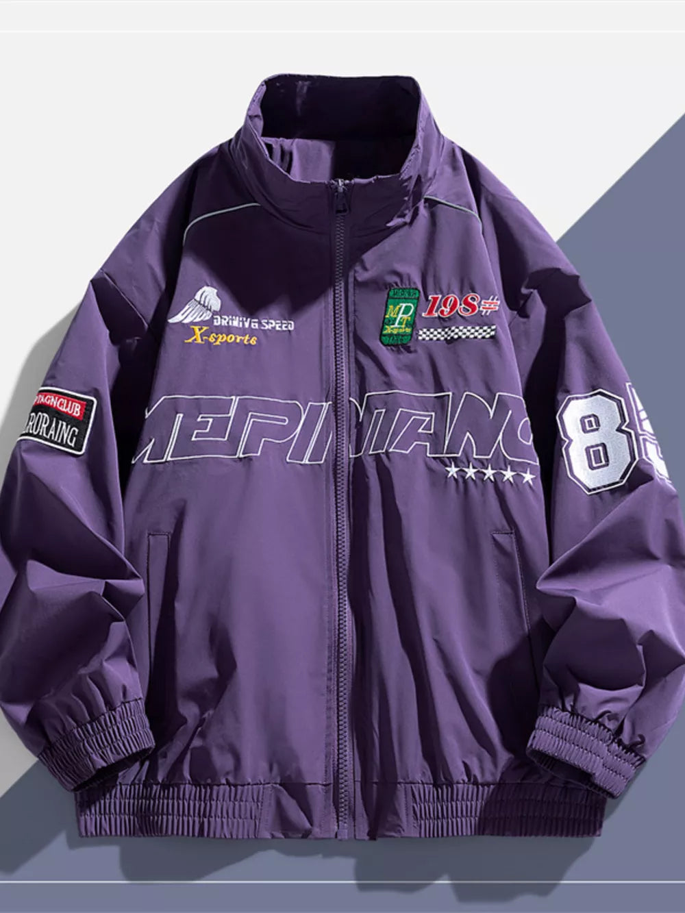 Purple bomber jacket with racing graphics and patches