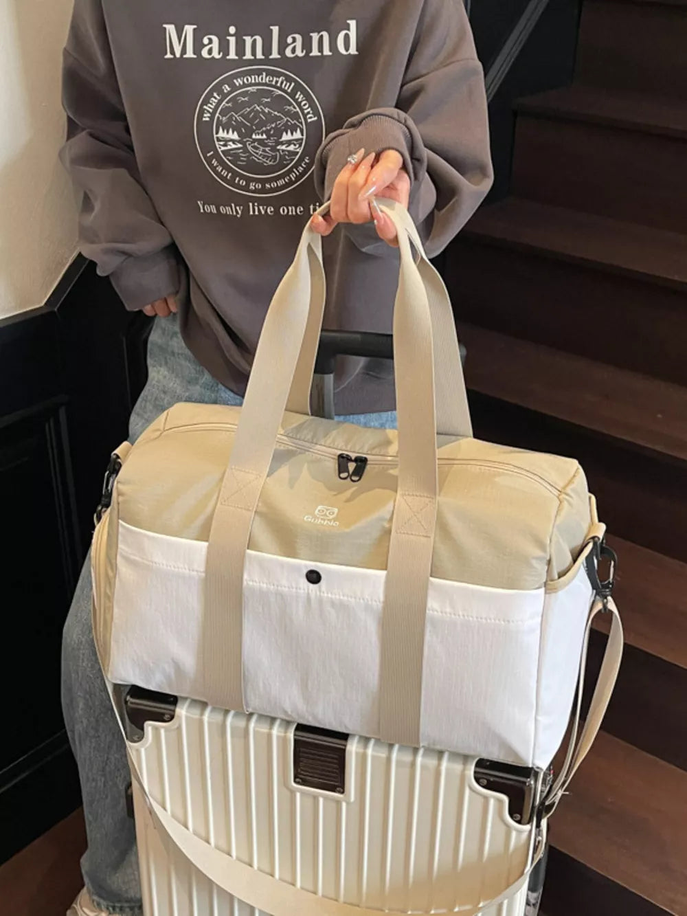 Two-tone Medium Nylon Duffle Bag in Khaki