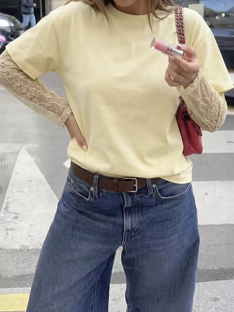 Yellow with Lace Sleeve Round Neck T-shirt in Yellow