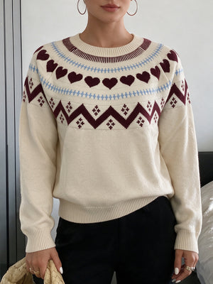 burgundy crewneck sweater featuring stretch and fair isle
