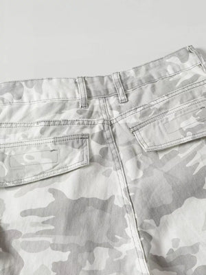 Men's grey camouflage utility cargo pants with multiple pockets.