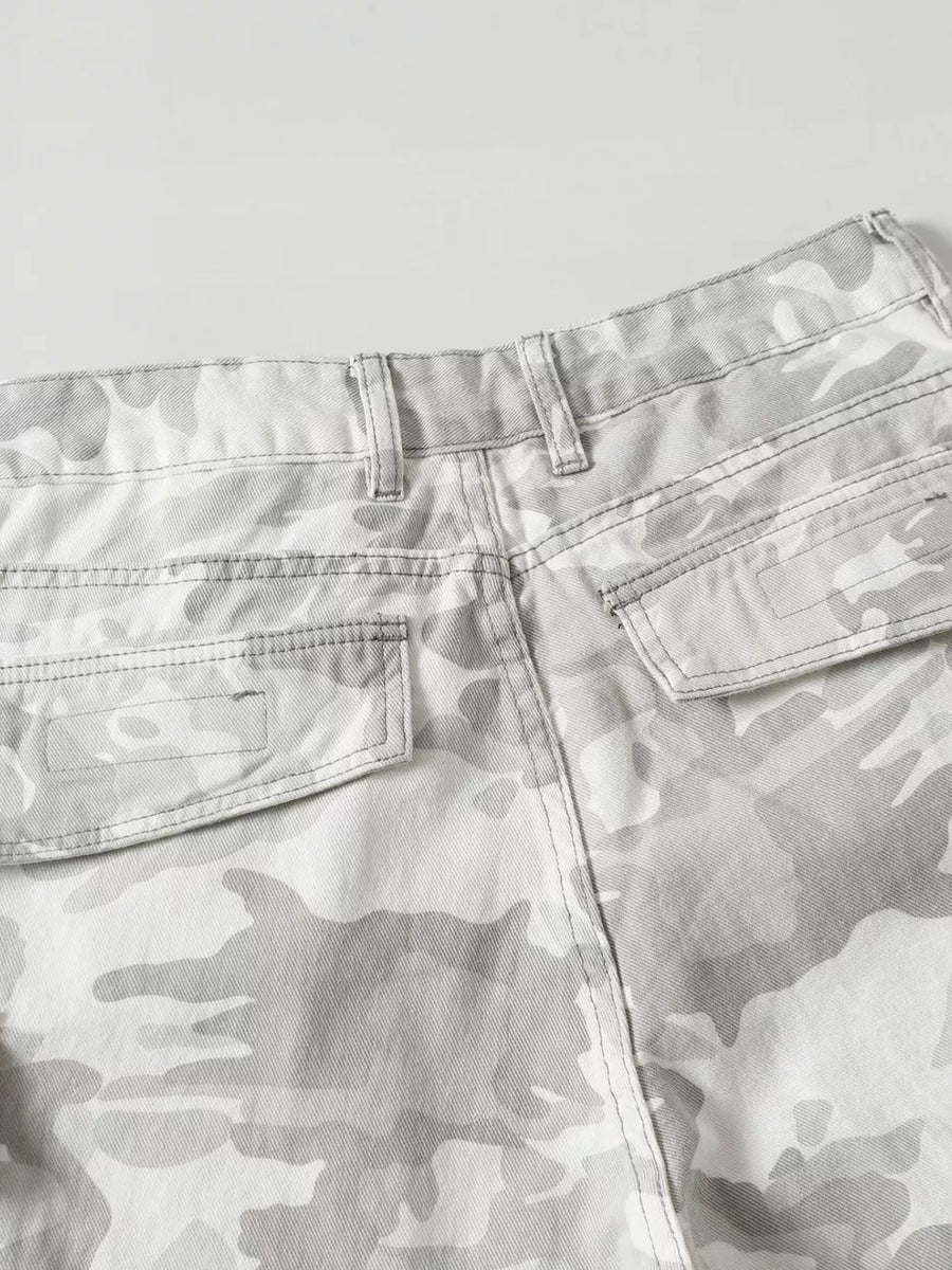 Men's grey camouflage utility cargo pants with multiple pockets.