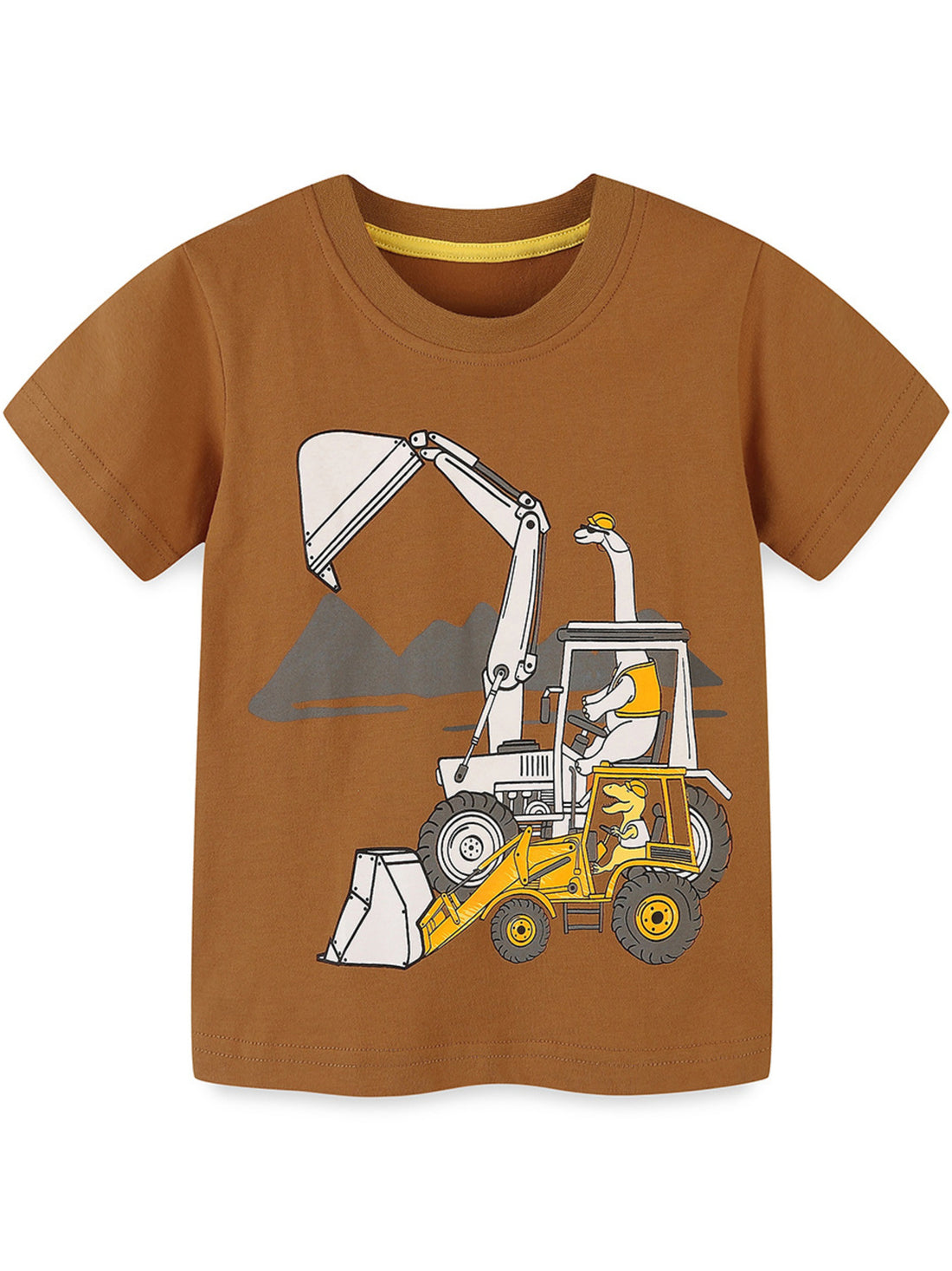 Brown cotton blend crew neck t-shirt with excavator and dinosaur graphic.