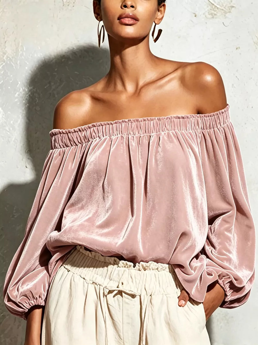mustard off-shoulder top with elasticized neckline and long sleeve