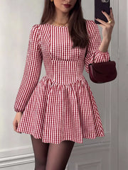 Backless Plaid Long Sleeve Mini Dress in this colorway