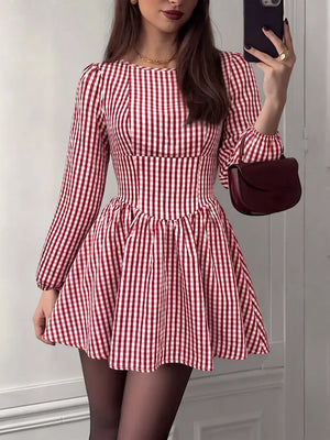 Backless Plaid Long Sleeve Mini Dress in this colorway
