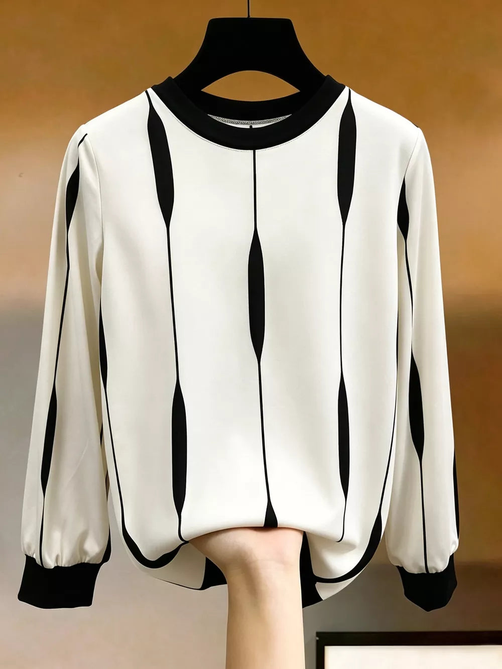 White Contrast Vertical Stripe Long Sleeve Blouse
