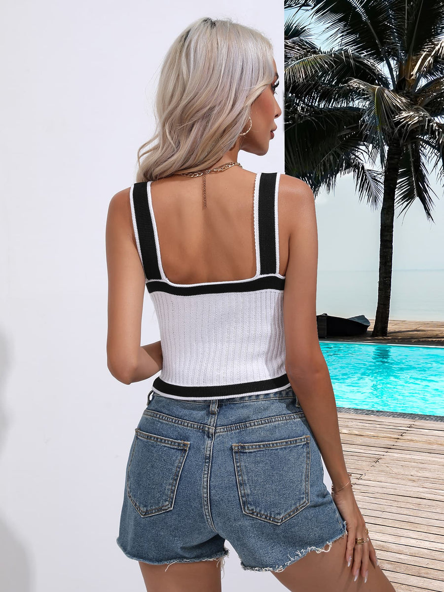 White knit tank top with black contrast trim and square neckline