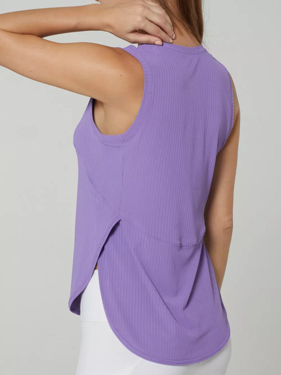 Ribbed lavender tank top with high neckline and high-low hem with side slits