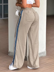 wide-leg pants in Khaki with color-block and drawstring waist