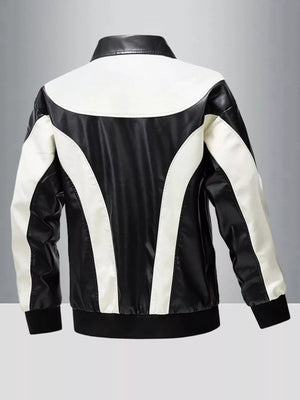 Men's two-tone leather zip jacket in black and white with a stand-up collar and ribbed cuffs.