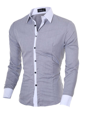 Men's grey slim fit long sleeve shirt with white collar and cuffs