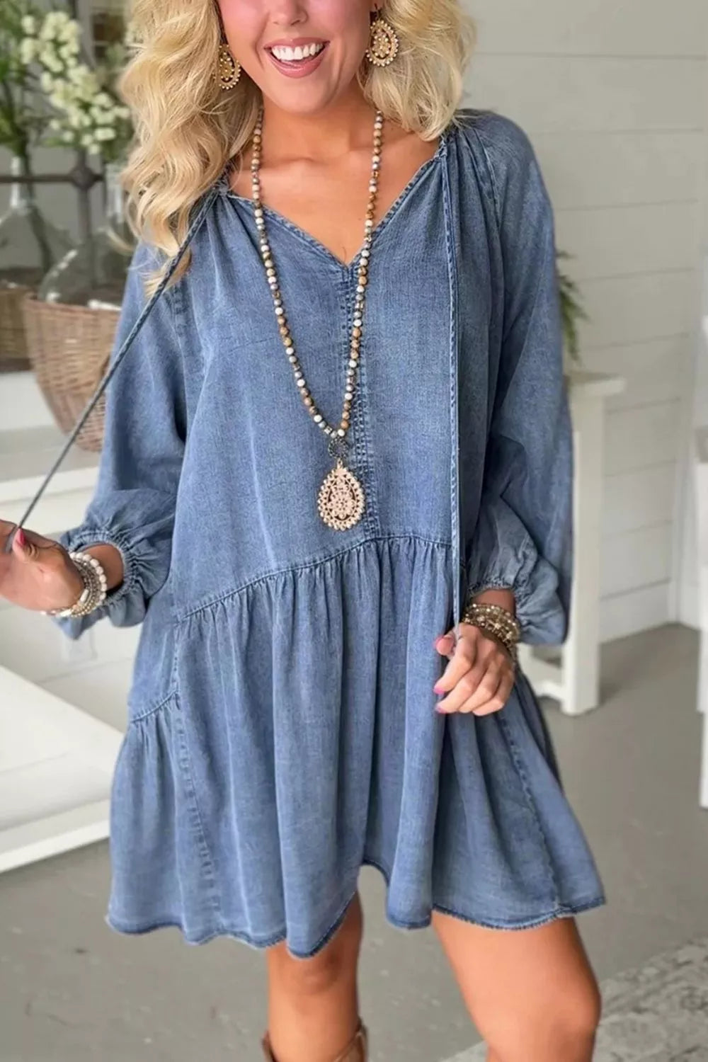 bohemian mini dress in Dusty Blue with v-neck