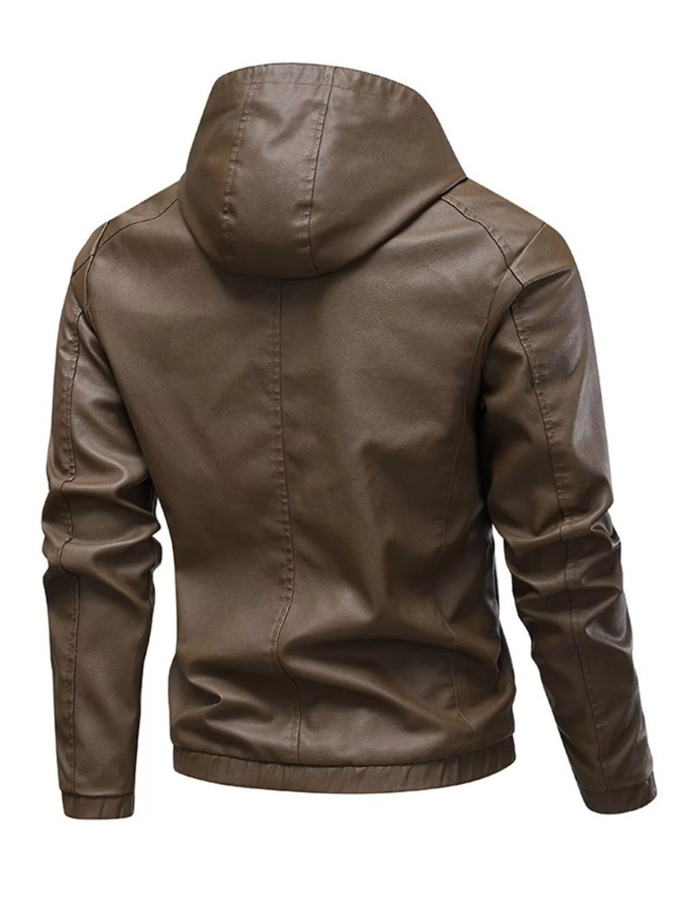 Men's brown faux leather hooded moto jacket with seam details.