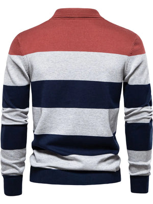 Colorblock knit polo with ribbed collar in coral, gray, and navy stripes.