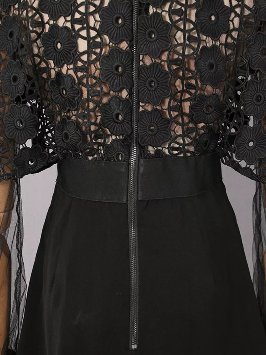 Lace Sheer Sleeve Mini Dress in Black, view 15