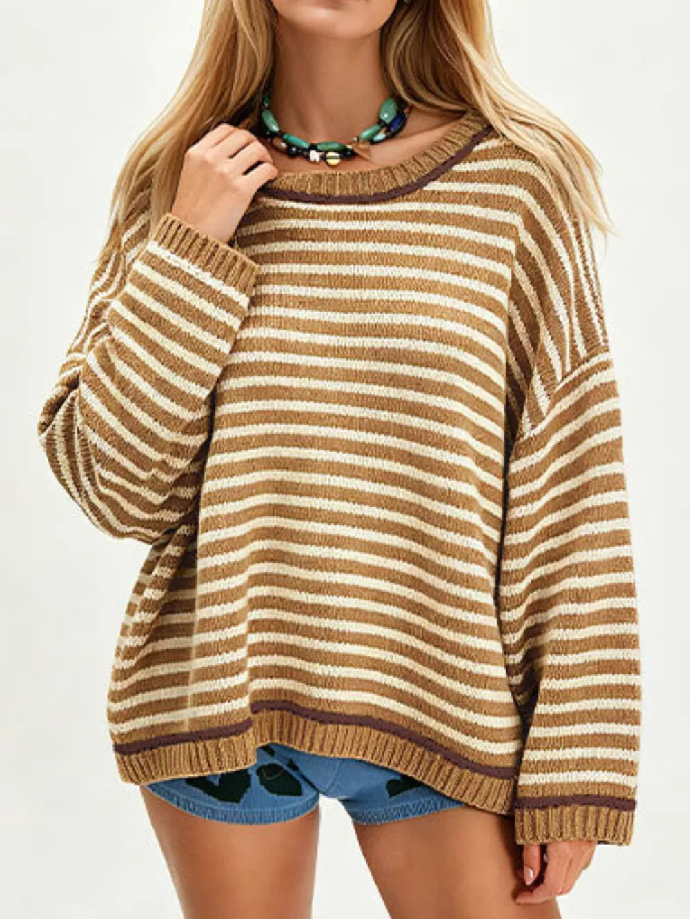 Khaki pullover sweater with dropped shoulder and long sleeve