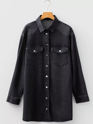 Black denim button-up dress with raw hem and two chest pockets.