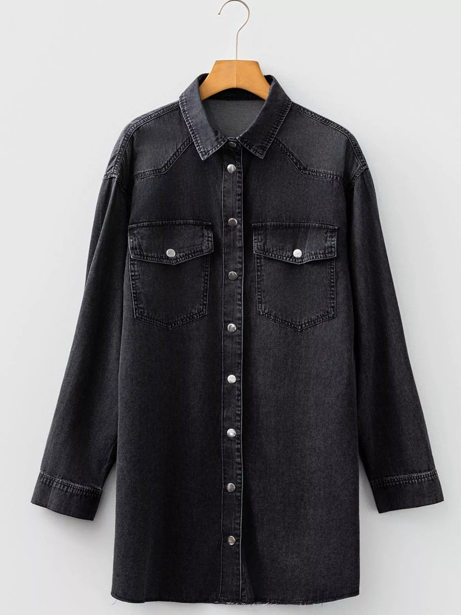 Black denim button-up dress with raw hem and two chest pockets.