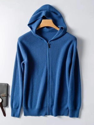 Peacock blue cashmere hooded zip-up sweater with a full zipper closure.