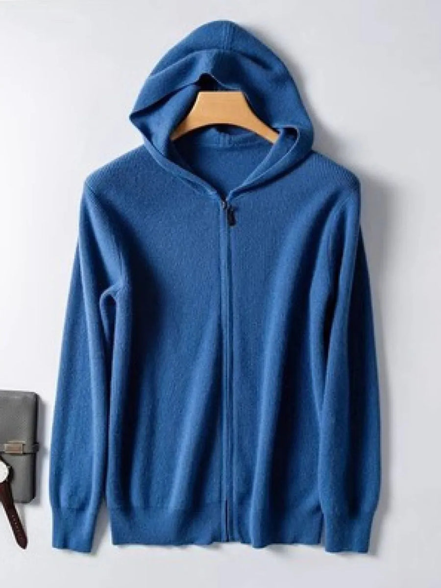 Peacock blue cashmere hooded zip-up sweater with a full zipper closure.