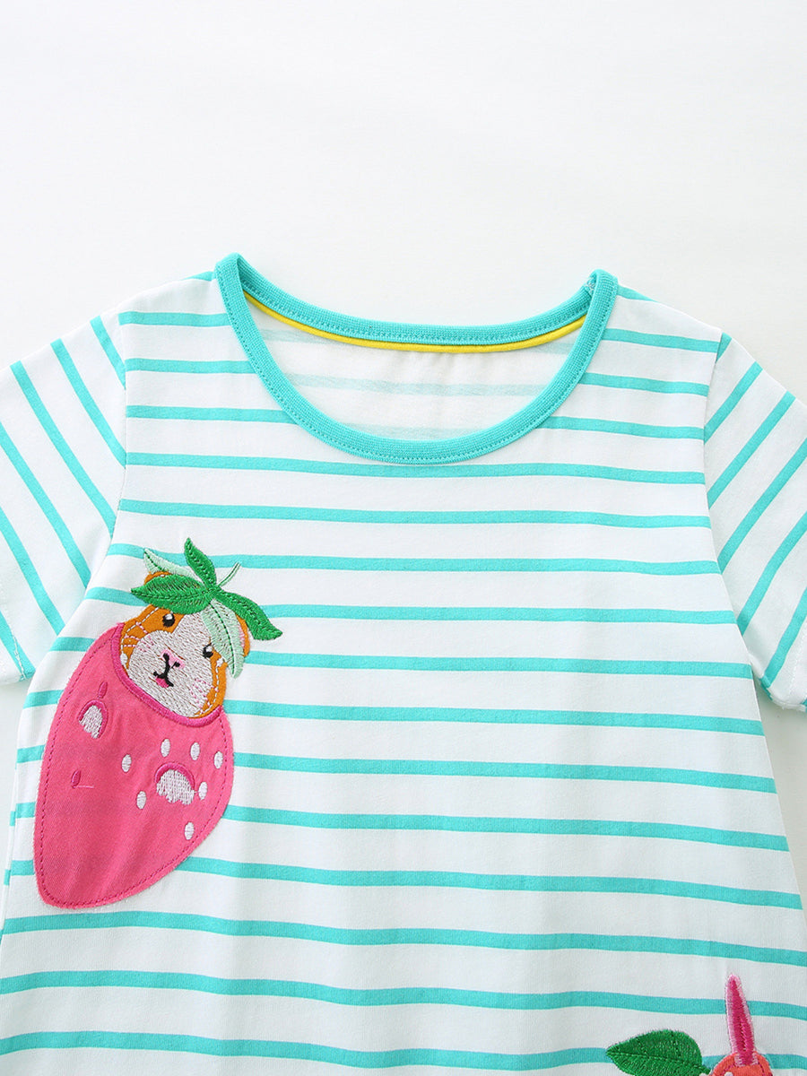 Baby dress with white and turquoise stripes, featuring a strawberry applique with a cute animal face.