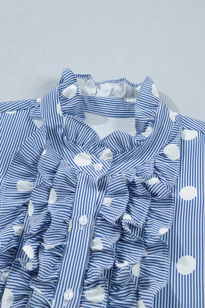 Blue and white striped button-down shirt with polka dots and ruffles.