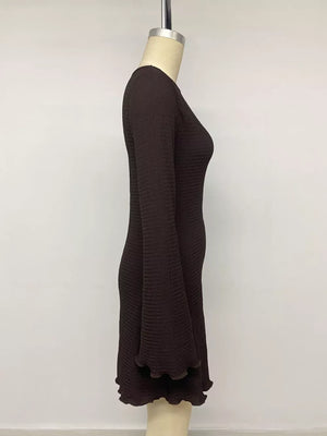 Long-sleeve Waffle Knit Bodycon Mini Dress in Coffee Brown with stretch