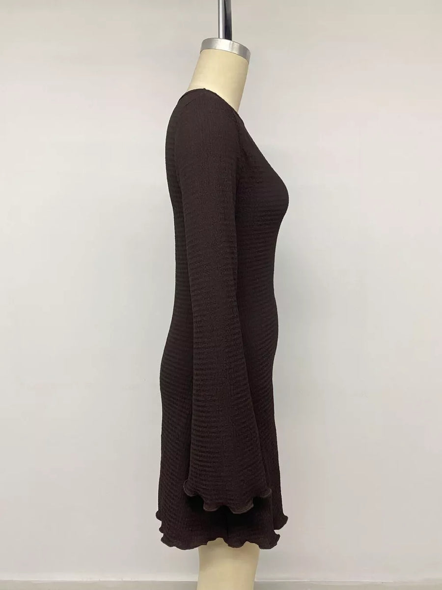 Long-sleeve Waffle Knit Bodycon Mini Dress in Coffee Brown with stretch