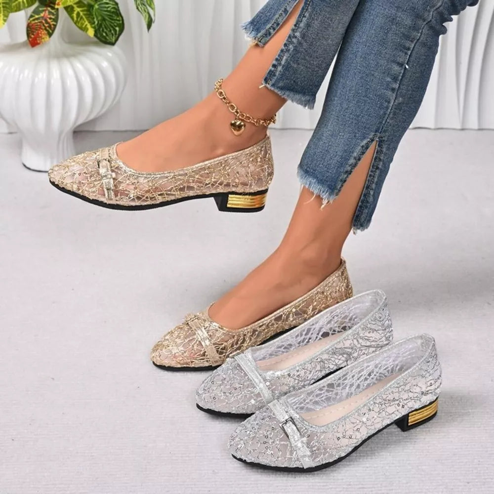 Gold Point Toe Block Heels Loafers