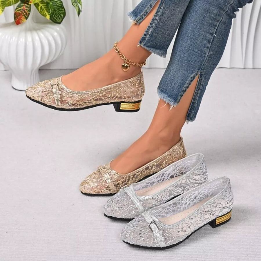 Gold Point Toe Block Heels Loafers