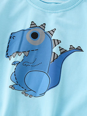 Baby crew neck sweatshirt in pastel blue with a cute blue dinosaur graphic print.