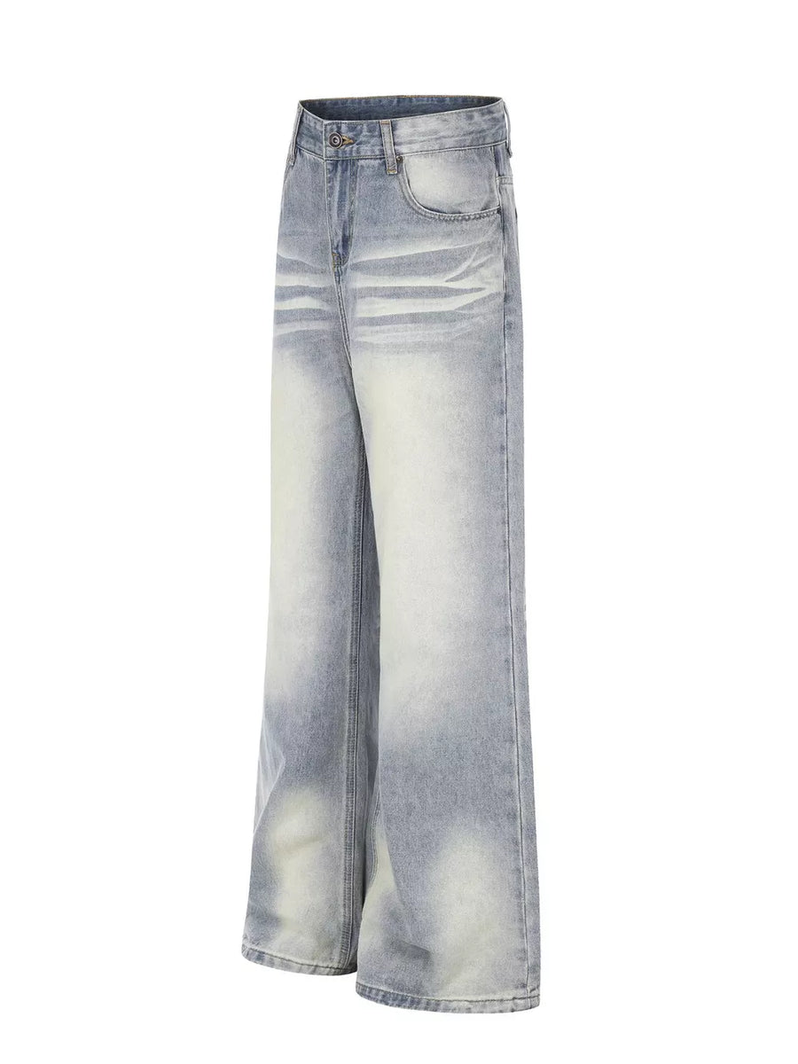 Men's light wash vintage denim wide leg jeans with a comfortable fit.