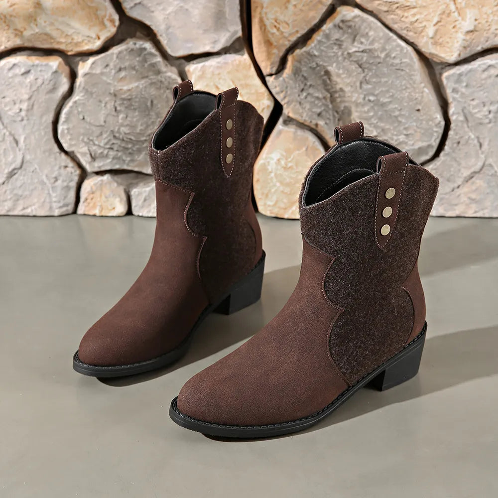 Brown suede and felt western ankle boots with decorative stitching and button details.