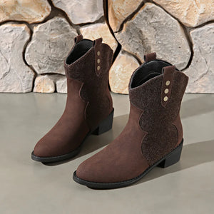 Brown suede and felt western ankle boots with decorative stitching and button details.