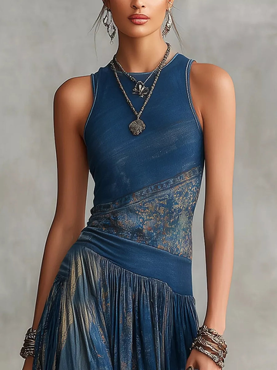 slate blue maxi dress featuring asymmetrical and floral