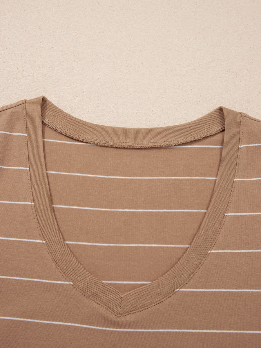Brown striped maxi t-shirt dress with v-neck