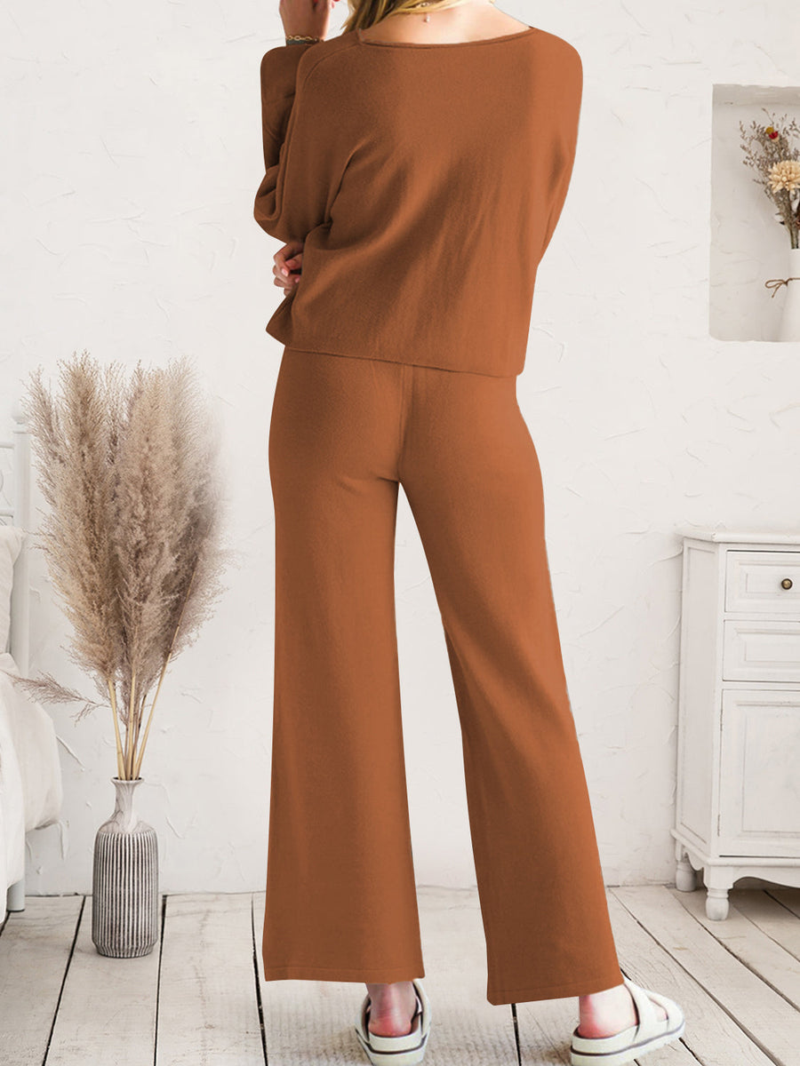 Caramel acrylic wide-leg loungewear set with a relaxed fit and crew neck top.
