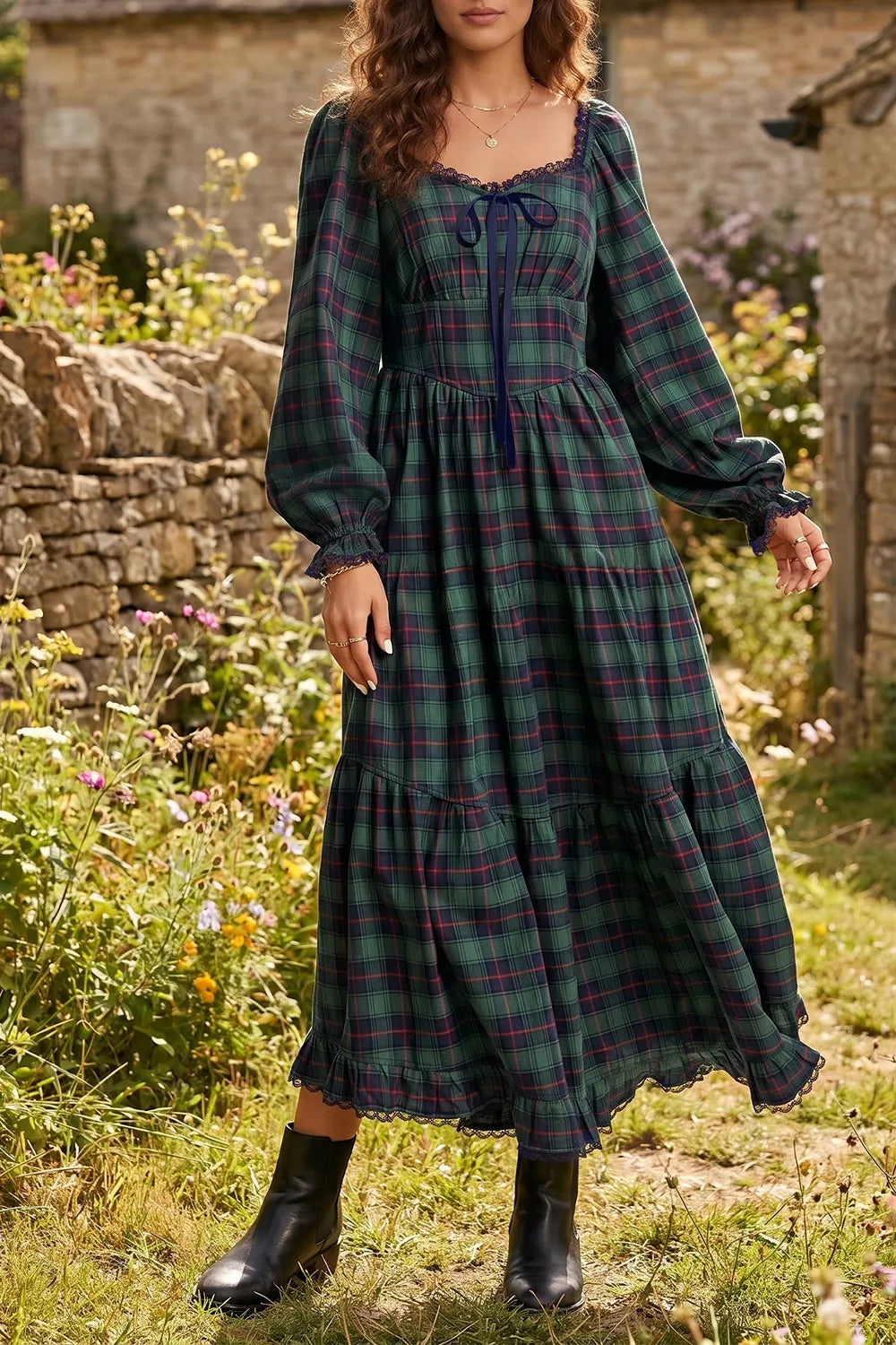 Black Forest Plaid Long Sleeve Tiered Midi Dress