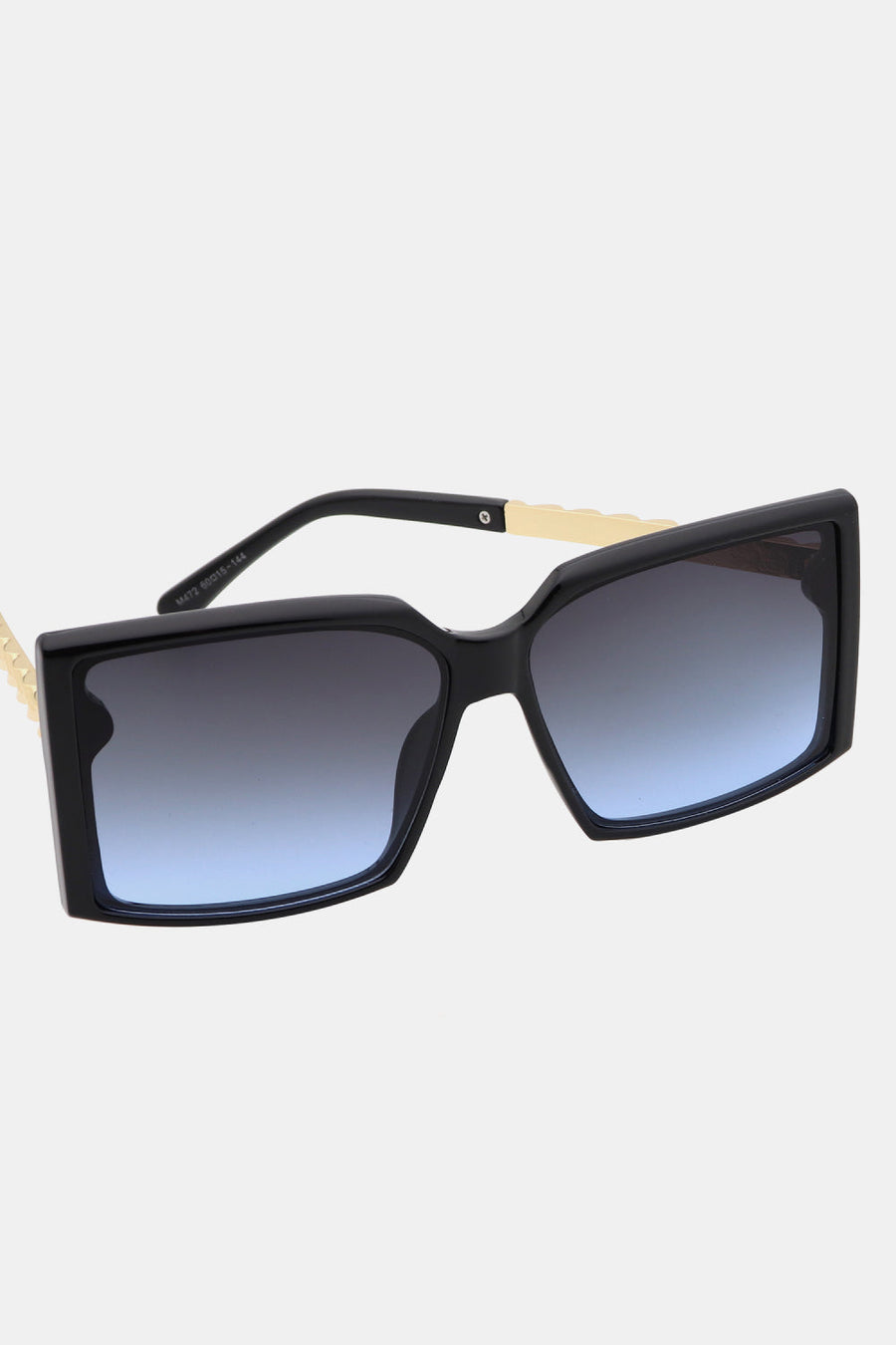 Black sunglasses with gradient blue lenses and gold accent temples.