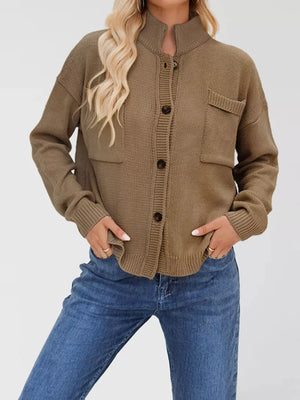 Red Brown cardigan with pocketed and long sleeve