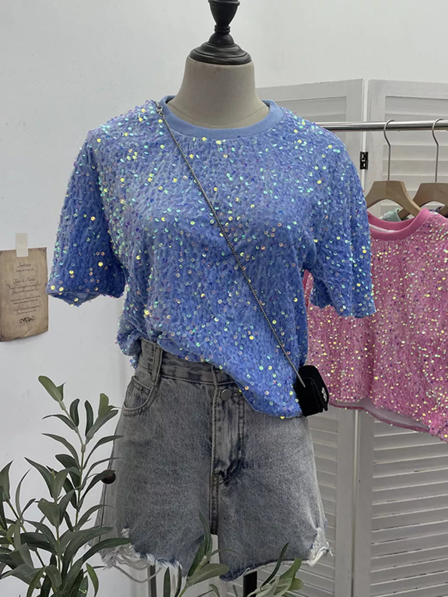 Blue crew neck t-shirt with iridescent sequin embellishments, short sleeves.