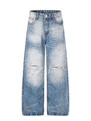 Blue Men's Distressed Wide-leg Jeans