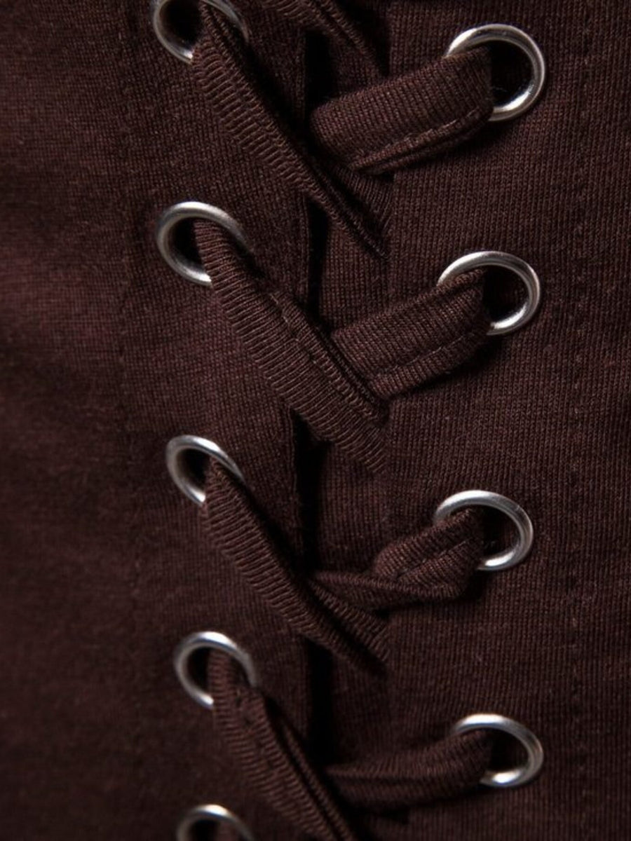 Brown cotton t-shirt with grommet lace-up detail
