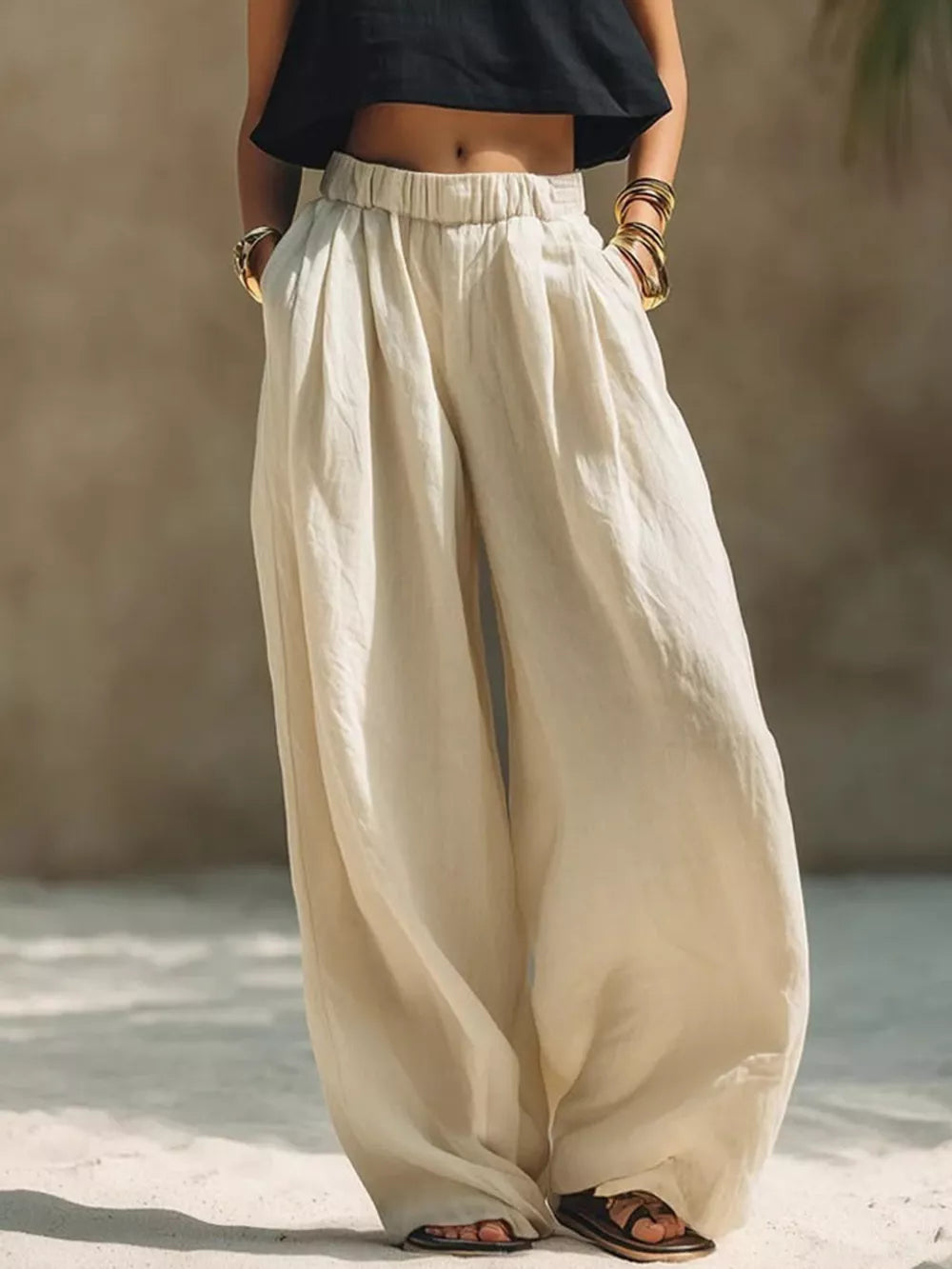 Beige Full Size Elastic Waistband Wide Leg Pants