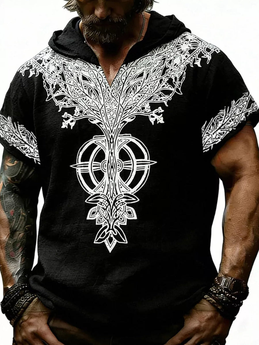 Men's Full Size Printed Hooded Short Sleeve Top in Pink