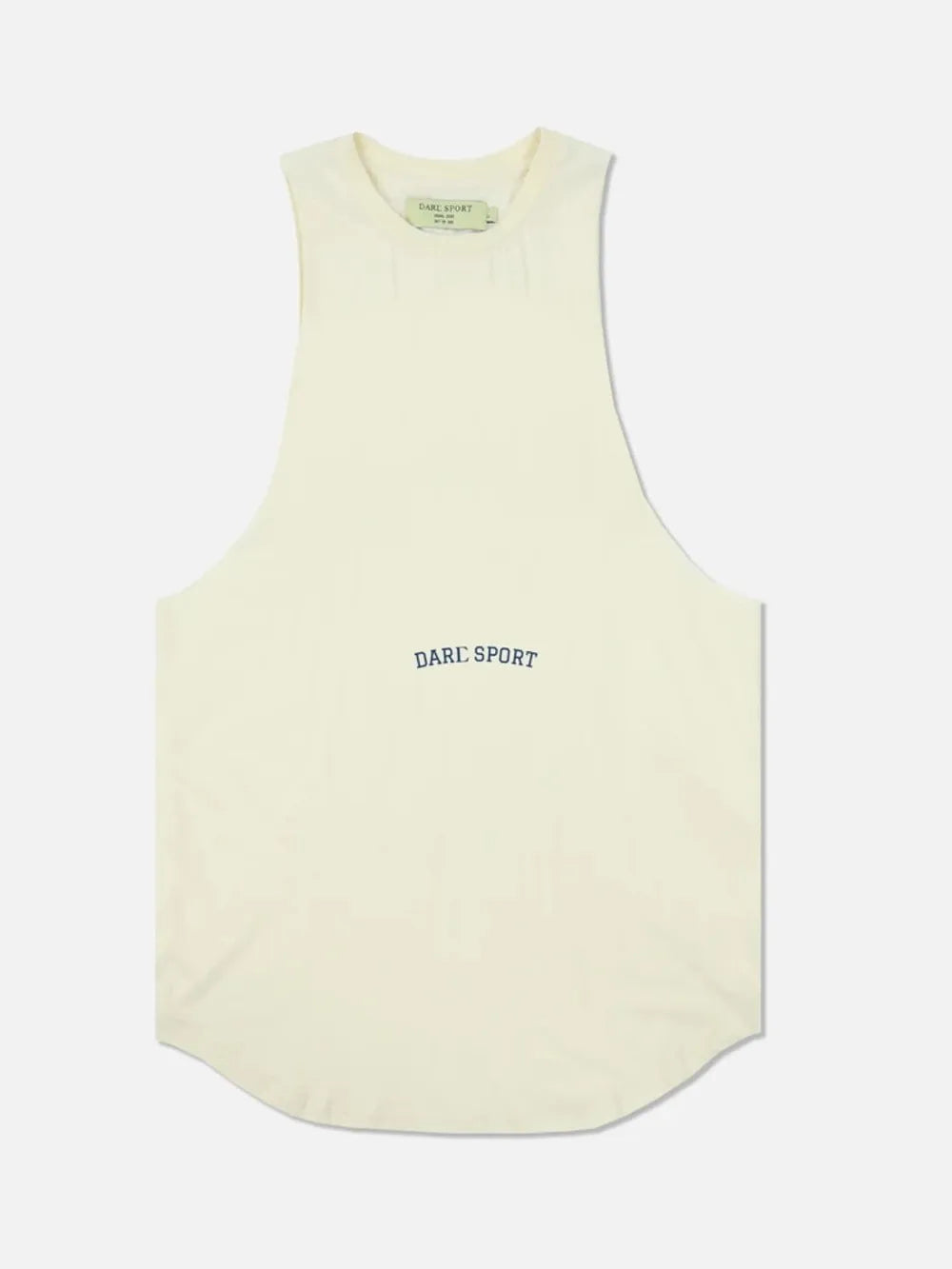 Beige graphic muscle tank top with navy DARE SPORT logo and curved hem.