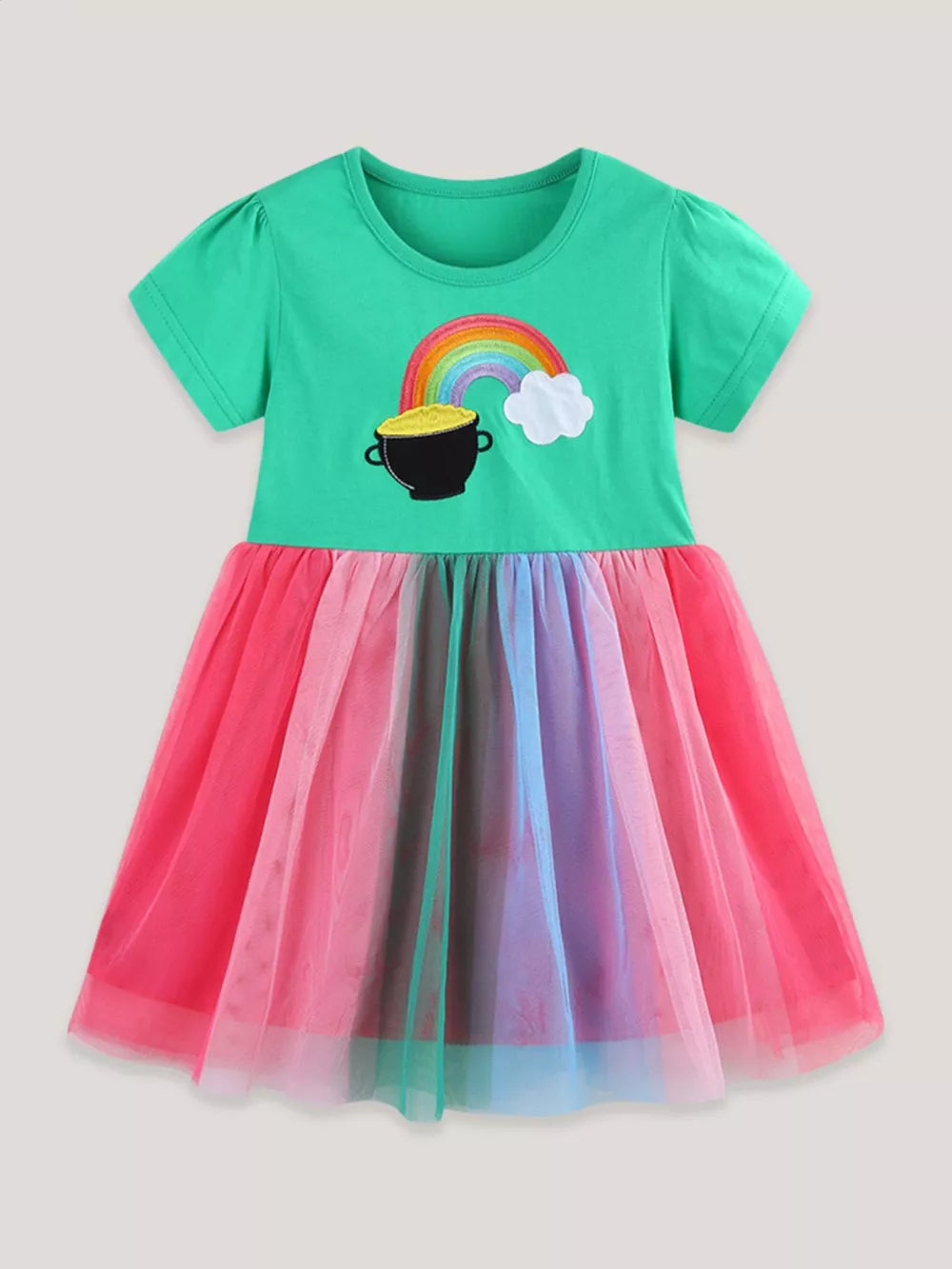 Green baby dress with rainbow pot of gold graphic and colorful tulle skirt.