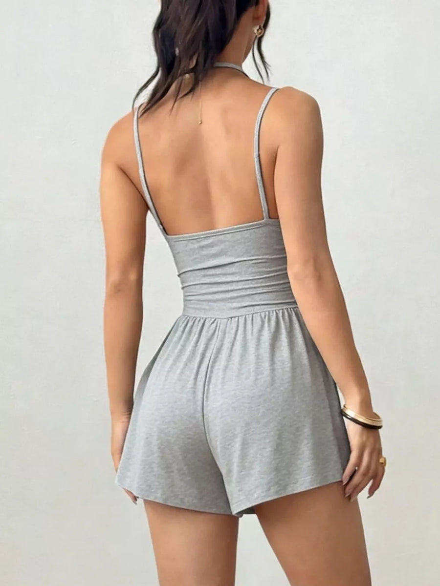 Ruched Spaghetti Strap Romper in Olive Green, view 20