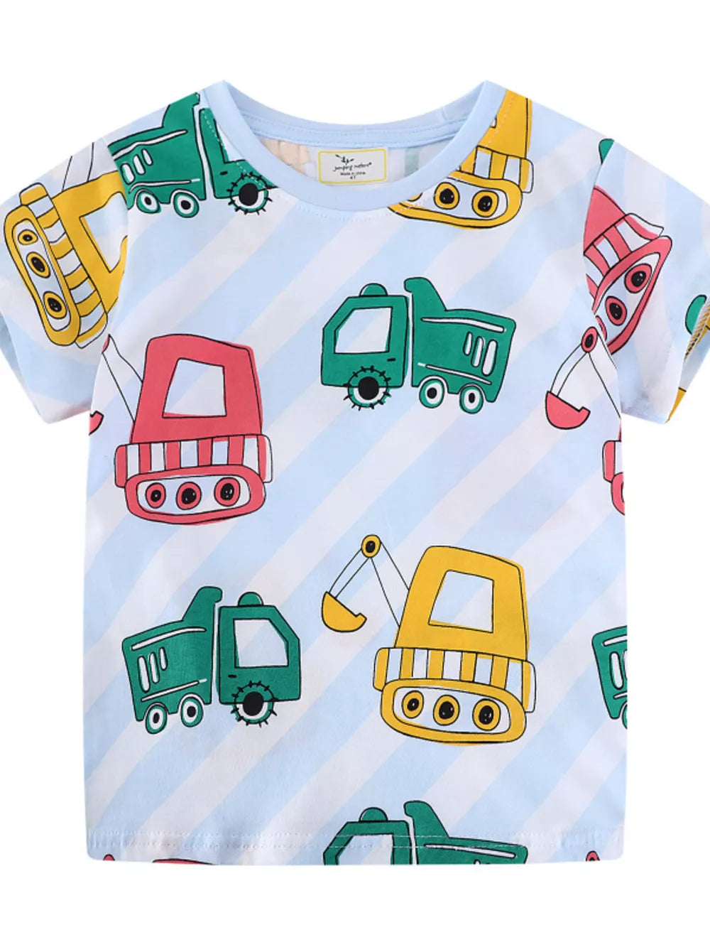 Toddler cotton t-shirt with playful construction vehicle print on light blue and white stripes.